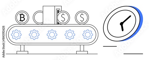 Financial transactions, time management, cryptocurrency, investment, automation, economy. Conveyor belt with cryptocurrency and dollar coins, clock illustration. Financial transactions and time