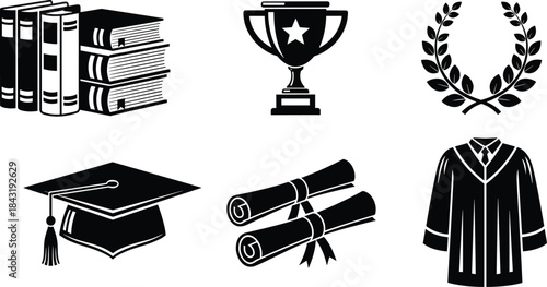 Academic Achievement and Graduation Success Icons Set, Featuring Books, Trophy, Laurel Wreath, Cap, Diplomas, and Gown, Vector Illustration for Education and University Milestones