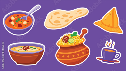 Kawaii Indian food sticker pack featuring curry, naan, samosa, biryani, and chai in clean flat vector style, perfect for menu and cultural visuals, ideal for Indian cuisine designs