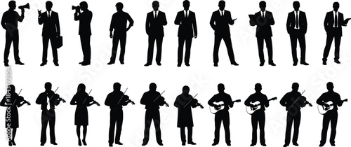 Business and Music Silhouettes Vector Collection: Professionals, Executives, Musicians, Violinists, Guitarists, and Announcers Standing Together in Corporate and Creative Poses for Design Projects