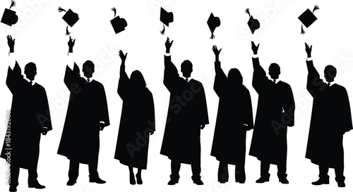 Celebration of Achievement: Joyful Silhouette of College and University Graduates Tossing Mortarboard Caps into the Air in a Group Ceremony, Symbolizing Success, Future, and Academic Milestones.