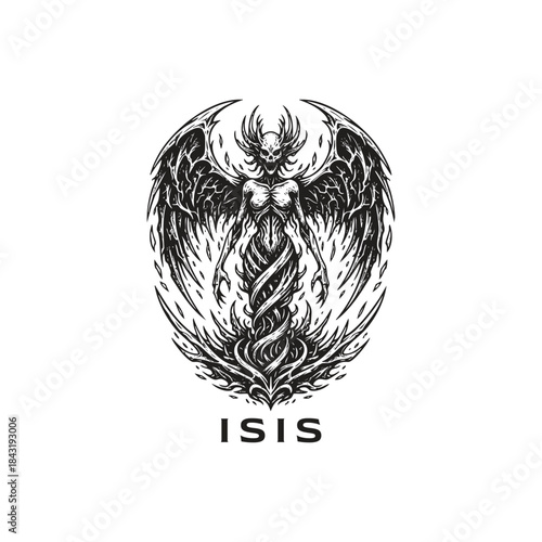 Dark mythical Egyptian goddess Isis illustration with skeletal wings and twisted mystical energy in vintage engraving style