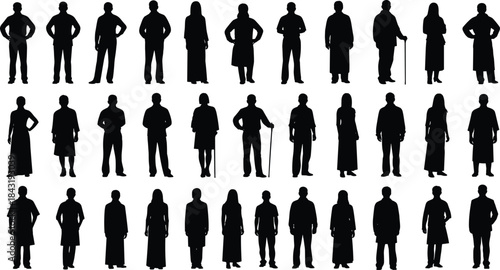 Diverse multi-generational group of adult men and women standing vector silhouettes against a white background representing community, social demographics, privacy, human resource, business staff,