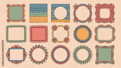 doodle hand drawn coastal border collection, with colorful minimal frames, square, arch, and rectangle designs, retro style empty banners, poster layouts, placard shapes, 