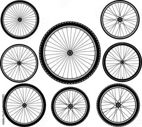 Dynamic Bicycle Wheel Set Vector Illustration, Featuring Different Sizes, Bike Tires, Spokes, and Rims, Perfect for Cycling, Transportation, Sport, and Repair Shop Graphics.