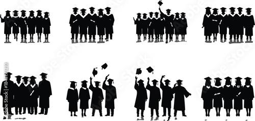 Group of diverse university and college graduates in black robes and mortarboard caps celebrating academic achievement, success, and future careers, representing education, graduation ceremony, 