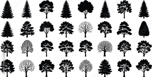 Highly Detailed Vector Tree Silhouettes Collection, Diverse Black and Blue Digital Art of Deciduous and Coniferous Species, Ideal for Graphic Design, Landscaping, and Nature-Themed Projects, High-