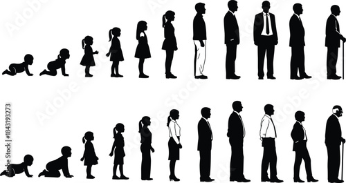 Human Life Cycle and Aging Process Silhouette Vector Illustration, Showing Male and Female Growth Stages from Baby, Toddler, Child, Teenager, Adult, Senior, to Elderly, representing Generations 
