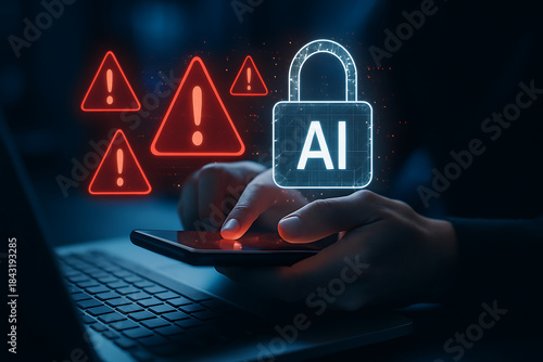 AI cybersecurity concept showing warning signs and a secure padlock on a digital interface, symbolizing data protection, system threat detection