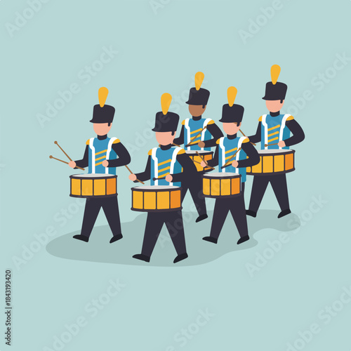 Marching band drummers perform energetically in uniform on a vibrant blue background. Suitable for music events, posters, and festive designs.