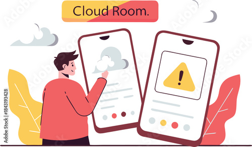 Explore the Cloud Room with phone app notifications, featuring a man interacting with weather and alert icons on a modern device in a vibrant space
