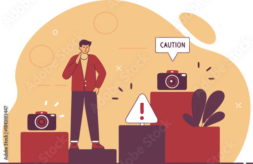 Confused photographer facing challenges with caution warnings and equipment issues during a photoshoot in a studio setting with creative block
