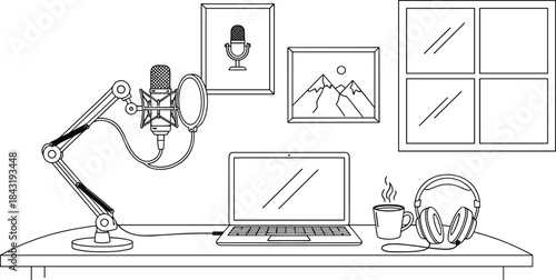 Podcast Studio Home Setup for Streaming and Recording Online Audio Content, Professional Microphone on Boom Arm Stand, Laptop, Headphones, Coffee Mug on Desk, Minimalist Blue Outline 