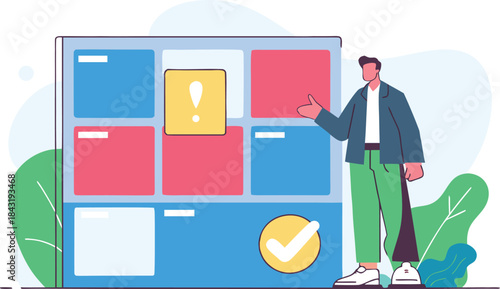 Modern professional presenting workflow management board for agile project with checklist, attention needed and in progress status, team collaboration