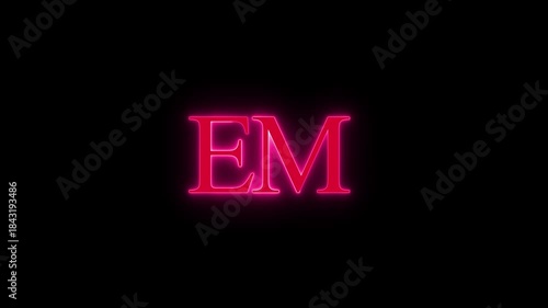 Neon glow alphabet e and m letters on black background