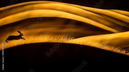 Dynamic animated silhouette of rabbits running across golden wavy hills, creating a mesmerizing