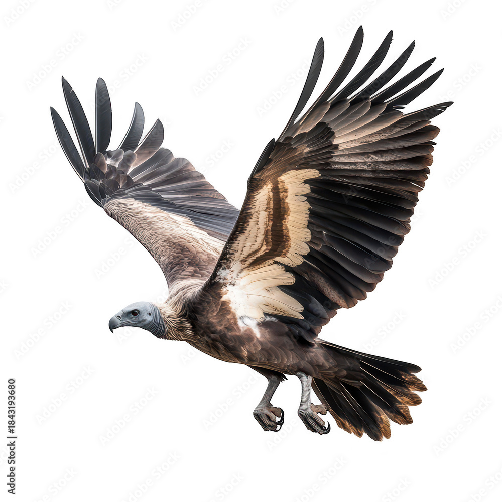 Obraz premium A majestic vulture in mid-flight. its expansive wingspan against a clean white background. symbolizing freedom and natures beauty. ideal for wildlife and conservation themes