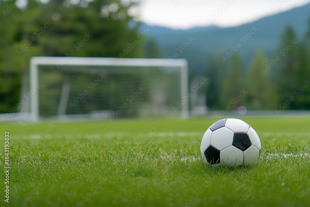 Fototapeta premium Lone soccer ball on grass by a goalpost. Expansive football field and green meadow under wide-angle view. Ideal for coaching materials and sports campaigns.