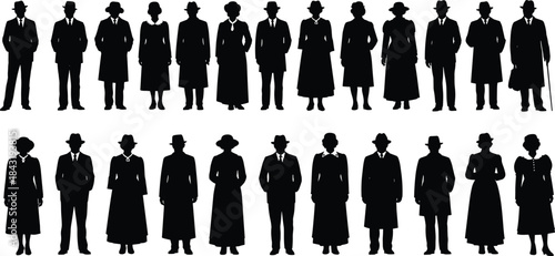 Vintage 1920s 1930s Silhouettes of Diverse People in Formal Attire, Including Men in Suits and Hats, and Women in Period Dresses and Coats, Representing a Crowd or Historical Era,