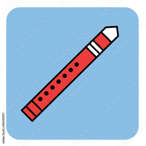 Red recorder instrument contrasts on a vivid blue backdrop. Ideal for music education, school projects, blog posts, and social media.