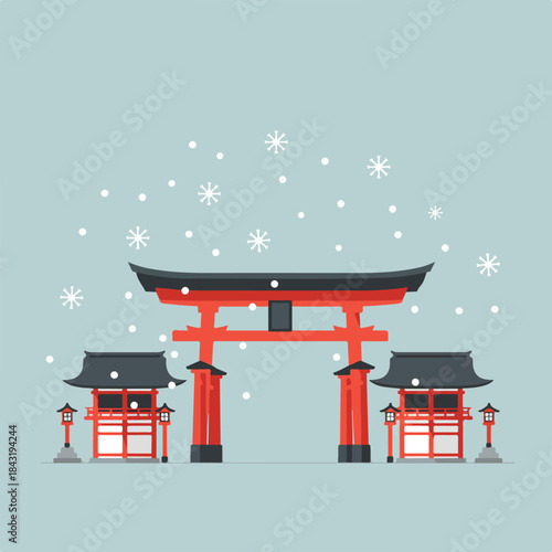 Torii gate and small temples during snowfall capture the serene beauty of japan winter landscapes, ideal for travel blogs and cultural websites.