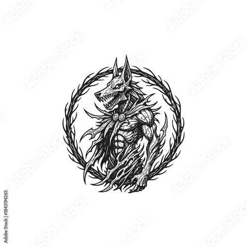 Ancient Egyptian God Anubis warrior illustration in dark fantasy hand-drawn engraving style isolated on white background