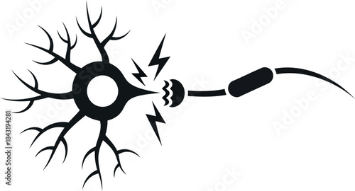 Neuron cell silhouette with dendrites and axon firing