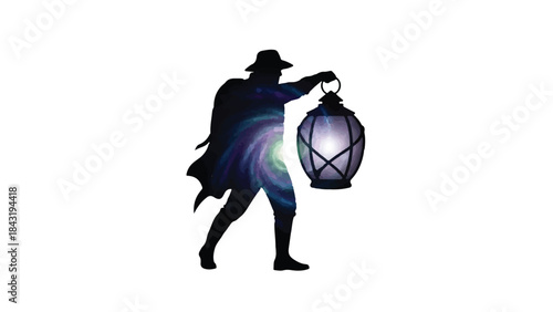 Mysterious figure in silhouette holds a glowing lantern, revealing a swirling galaxy within.