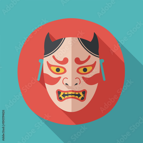Flat style depiction of a japanese oni mask suitable for cultural designs and asianthemed projects. Perfect for digital platforms.