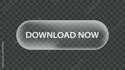 Transparent vector glass button with download now text for website interfaces