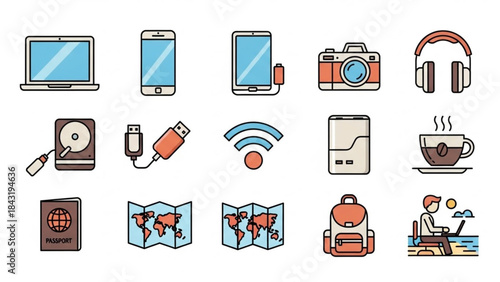 Digital Nomad Work and Travel Icons Collection – Outline Flat Vector