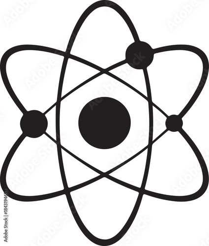 Black and white atom symbol with three orbiting electrons and a central nucleus