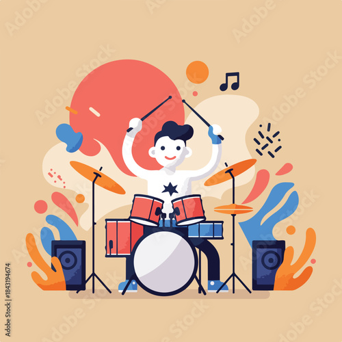 Drummer with drums and cymbals plays energetically. Suitable for musicrelated designs, posters, websites, and childrens educational materials.