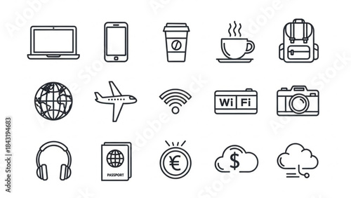 Digital Nomad and Remote Work Icons Set – Outline Vector Illustration
