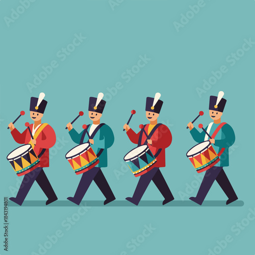 Toy soldiers marching in a row playing drums joyfully. Suitable for childrens book illustrations, toy advertisements, and militarythemed designs.