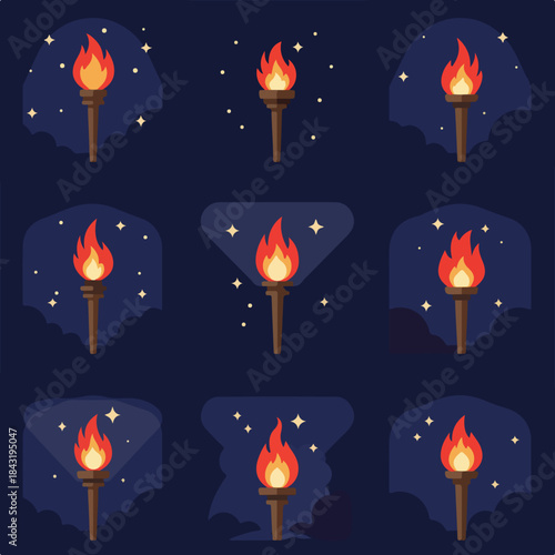Nine torches with flickering flames against starry blue backgrounds. Great for concepts related to guidance, illumination, and celebration.