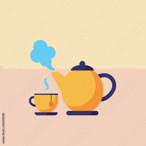 Yellow teapot with steaming tea cup on table. Perfect for kitchen decor, tearelated websites, blogs, or social media posts.