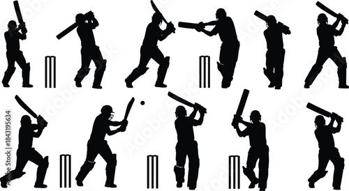 Dynamic Cricket Batsman Vector Silhouettes: Players Hitting the Ball, Featuring Bats, Wickets, and Stumps, Perfect for Team Sports and Game Graphics Design.