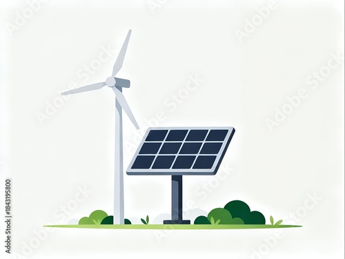 Natural renewable energy solar panels and wind turbines, illustration of wind turbines and solar panels