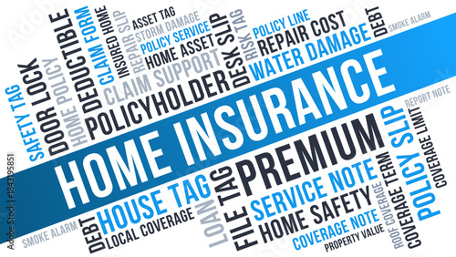 Home insurance word cloud for presentation and marketing, home insurance word cloud with blue gradient