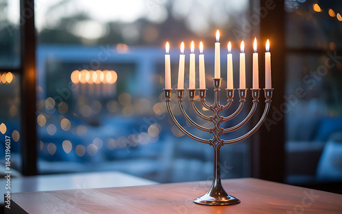Menorah with lit candles glowing warmly on a wooden table