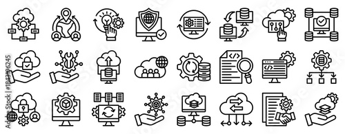 Cloud Algorithm Icon Set Collection Outline Style. Vector illustration.