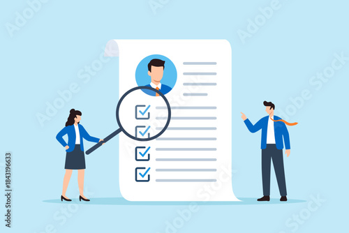 Flat illustration of HR team reviewing candidate resume with magnifying glass and checklist symbolizing recruitment process screening and talent selection