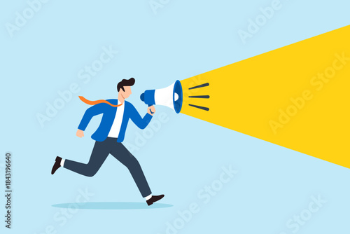 Flat illustration of businessman running with megaphone projecting bright spotlight symbolizing communication public announcement attention and spreading information
