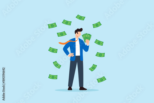 Flat illustration of confident businessman holding dollar bills surrounded by flying money symbolizing financial success wealth income growth and prosperity