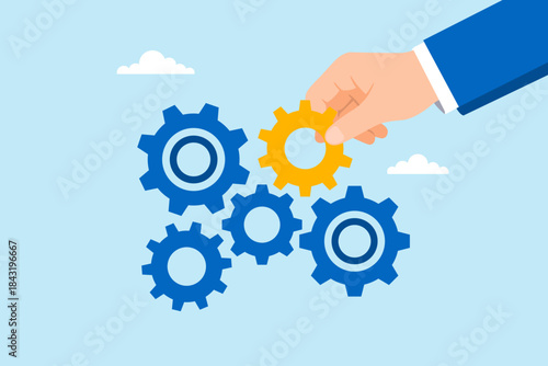 Flat illustration of hand placing important gear to complete system symbolizing strategy optimization teamwork leadership and problem solving