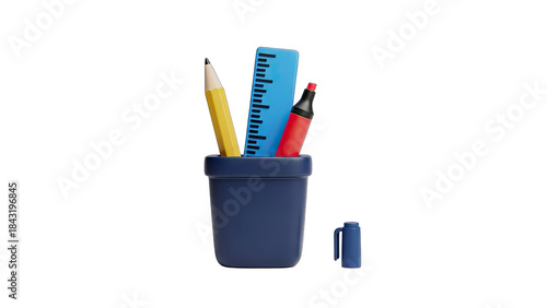 Close Up Of A Blue Pencil Cup Holder Containing A Yellow Pencil A Blue Ruler And A Red Marker With Its Cap Off On A Transparent Background
