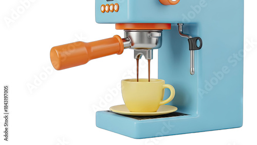 Close Up Of A Light Blue And Bright Orange Espresso Machine Brewing Hot Coffee Into A Yellow Cup With A Transparent Background