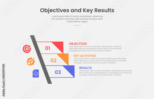 OKR objective key results infographic outline style with 3 point template with sharp rectangle stairway ladder with triangle edge for slide presentation