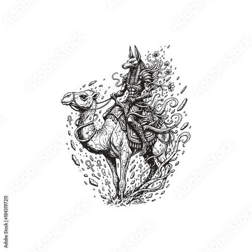 Ancient Egyptian mythology illustration featuring God Anubis riding a camel, intricately detailed hand-drawn style for creative posters, apparel, and occult decor